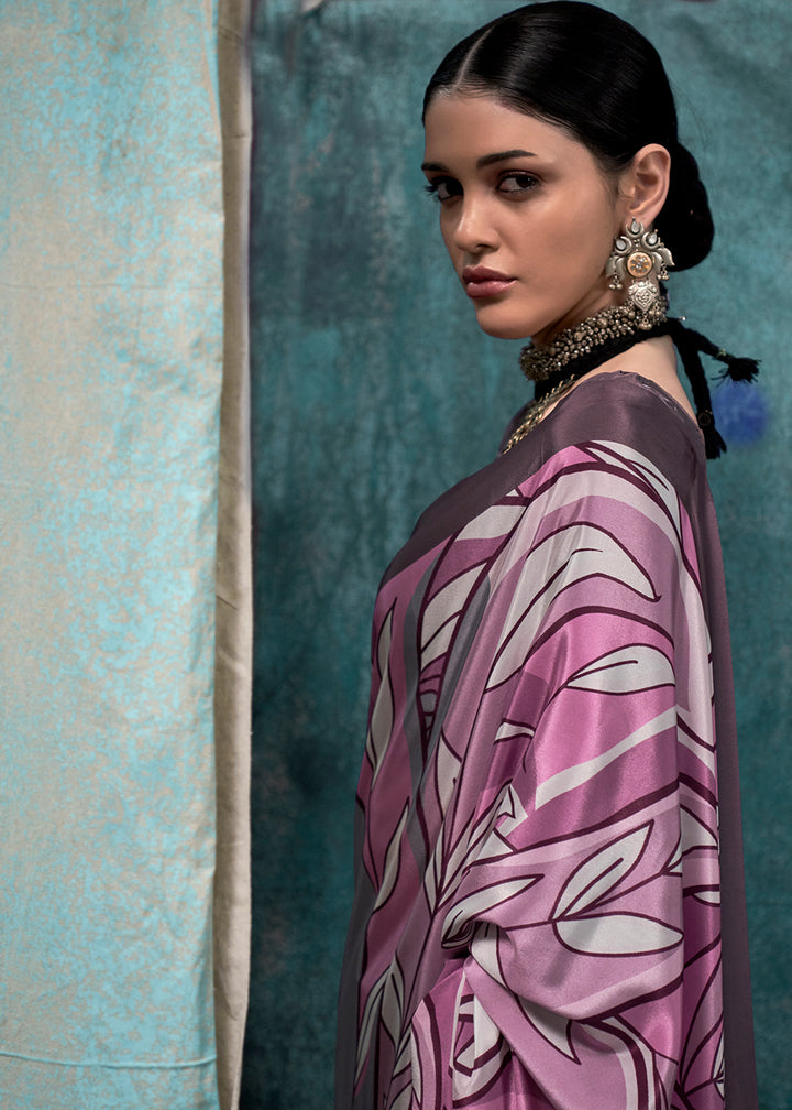 Purple & Grey Designer Printed Silk Crepe Saree