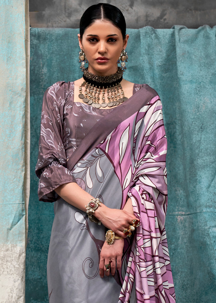 Purple & Grey Designer Printed Silk Crepe Saree