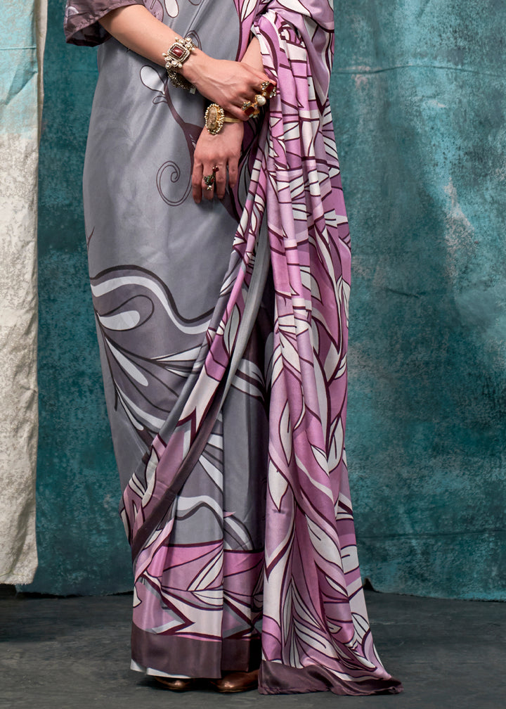Purple & Grey Designer Printed Silk Crepe Saree
