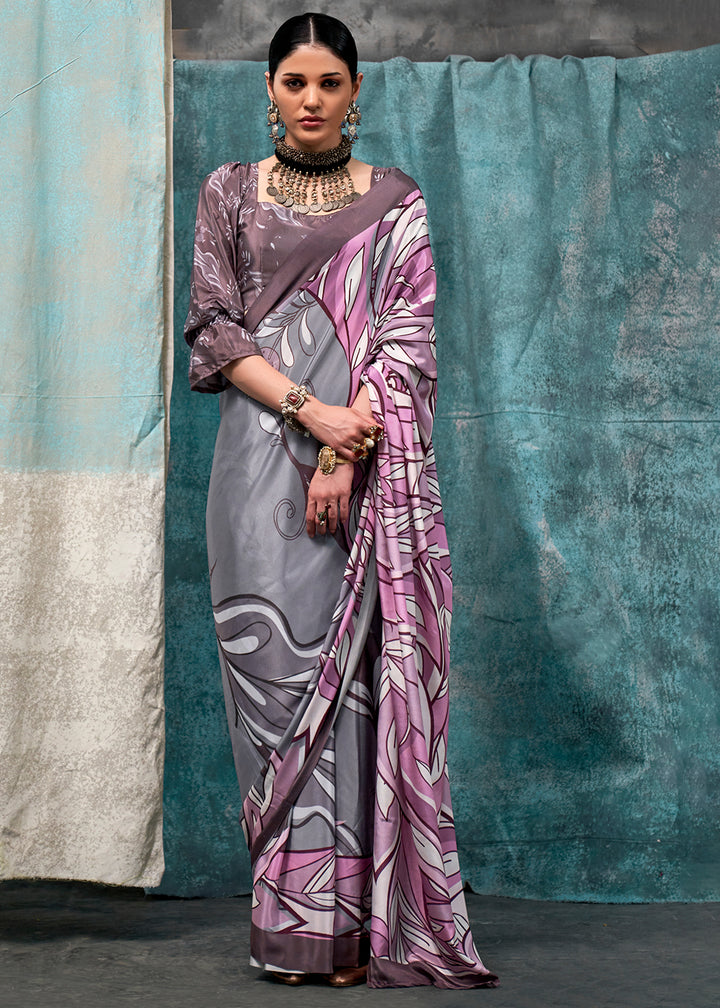 Purple & Grey Designer Printed Silk Crepe Saree