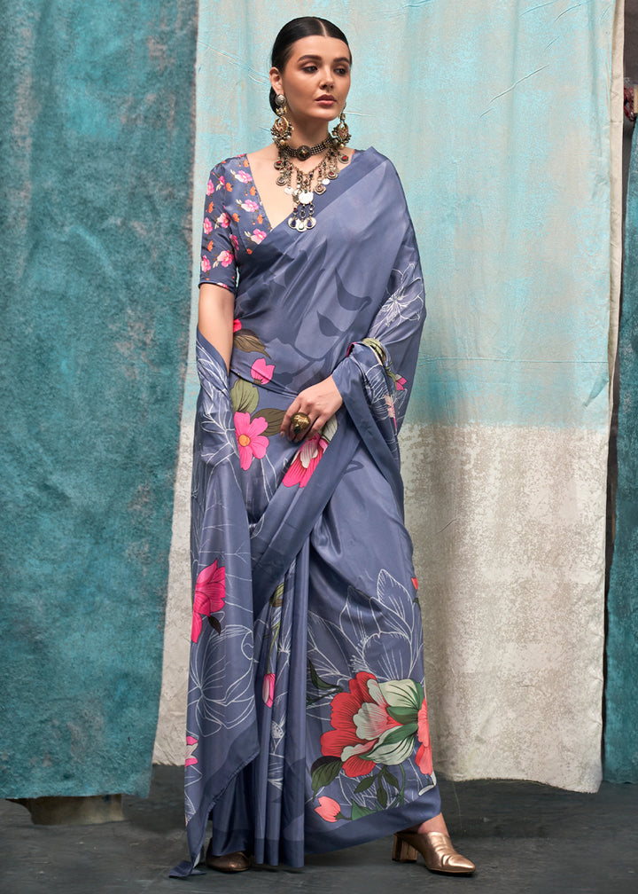 Classic Blue Designer Printed Silk Crepe Saree
