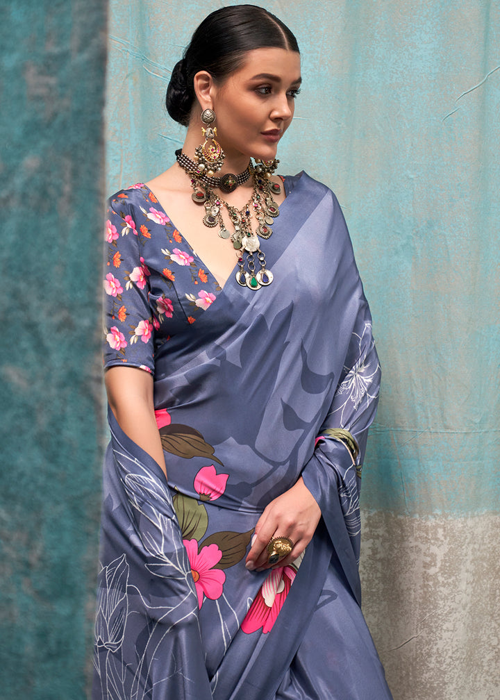 Classic Blue Designer Printed Silk Crepe Saree