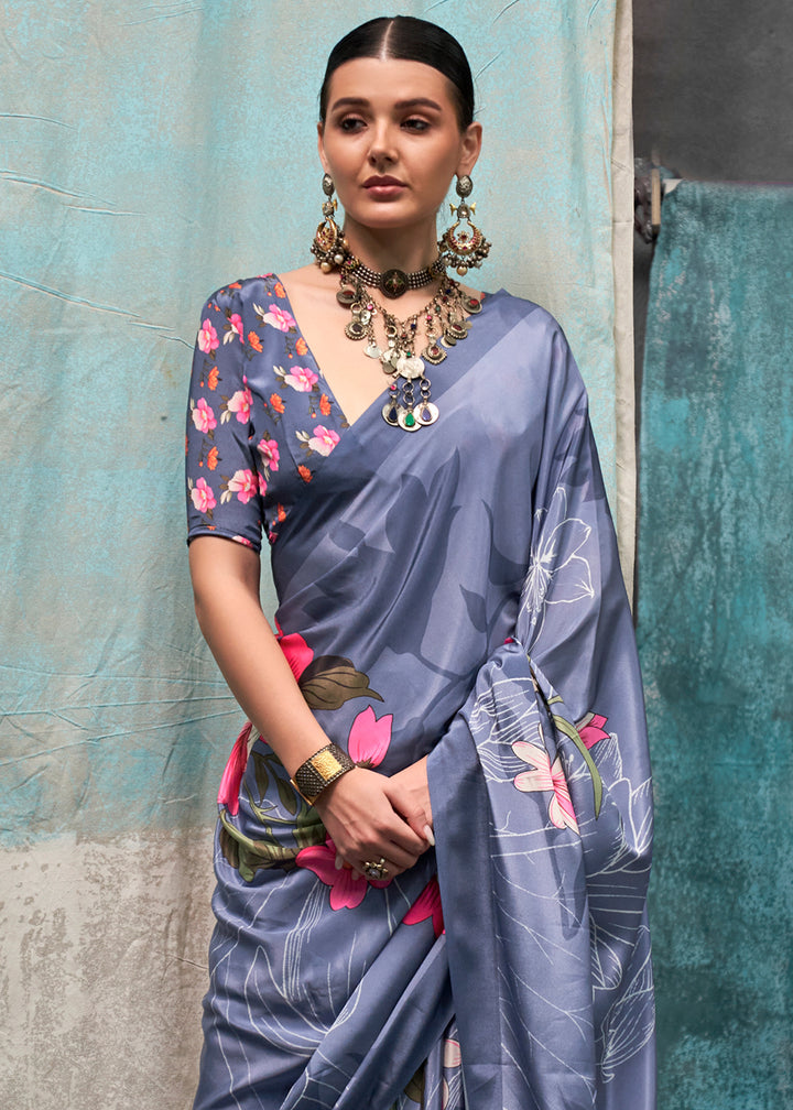 Classic Blue Designer Printed Silk Crepe Saree