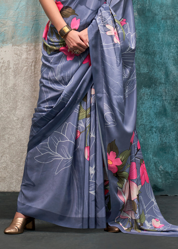 Classic Blue Designer Printed Silk Crepe Saree