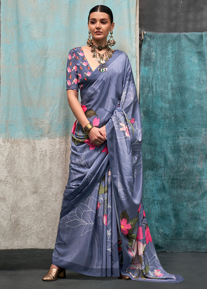 Classic Blue Designer Printed Silk Crepe Saree