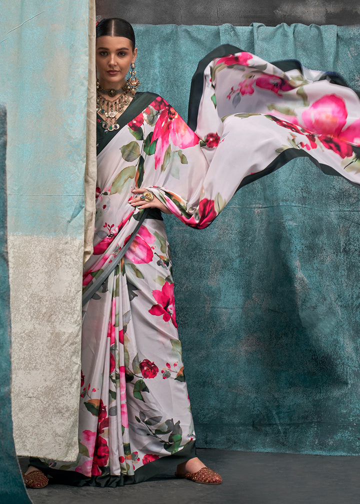 Pearl White Designer Printed Silk Crepe Saree