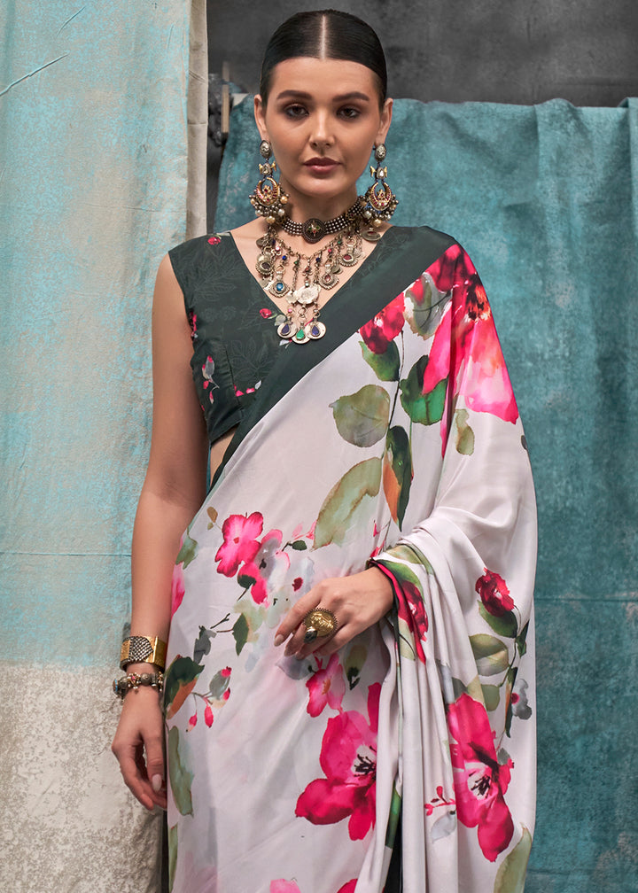 Pearl White Designer Printed Silk Crepe Saree