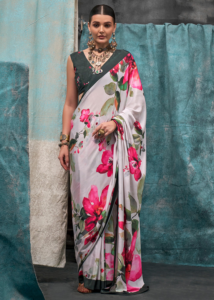 Pearl White Designer Printed Silk Crepe Saree