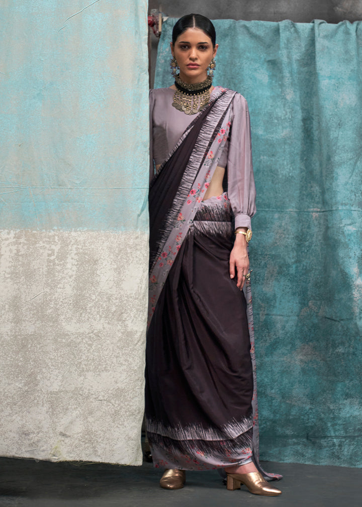 Brown & Purple Designer Printed Silk Crepe Saree