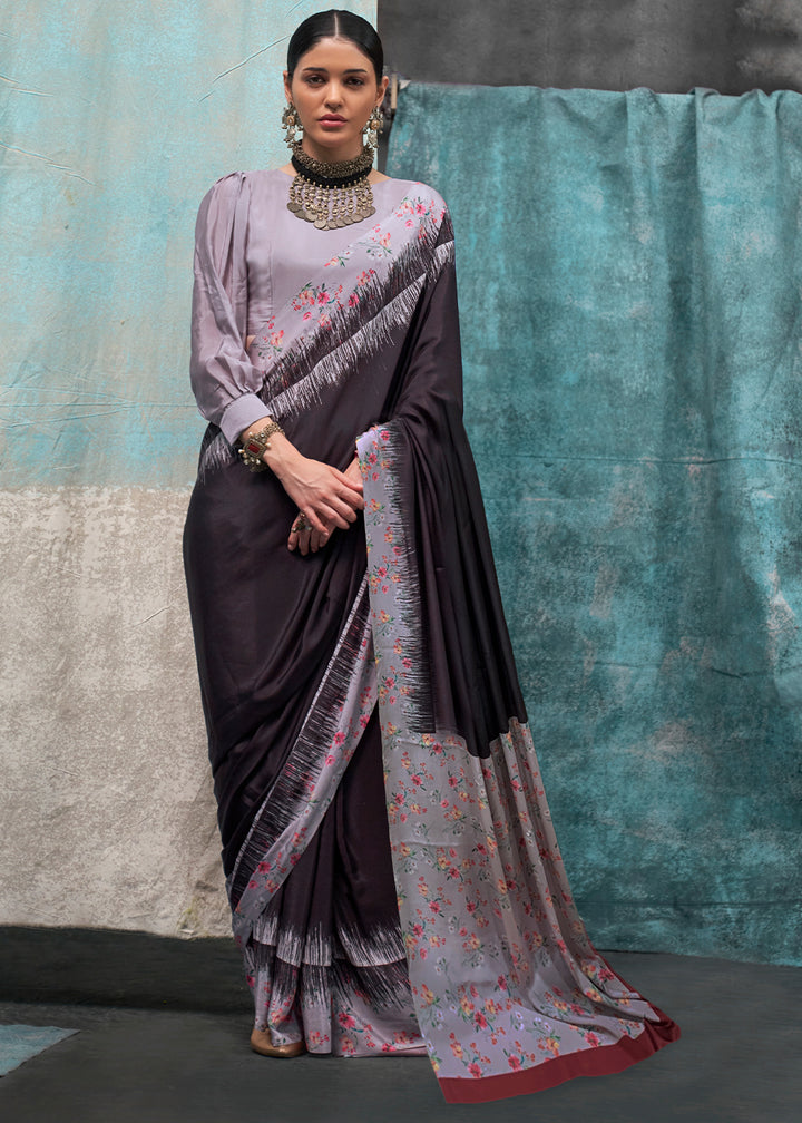 Brown & Purple Designer Printed Silk Crepe Saree