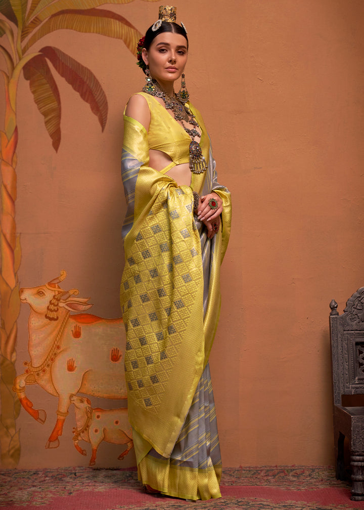 Grey & Yellow Handloom Zari Woven Silk Saree