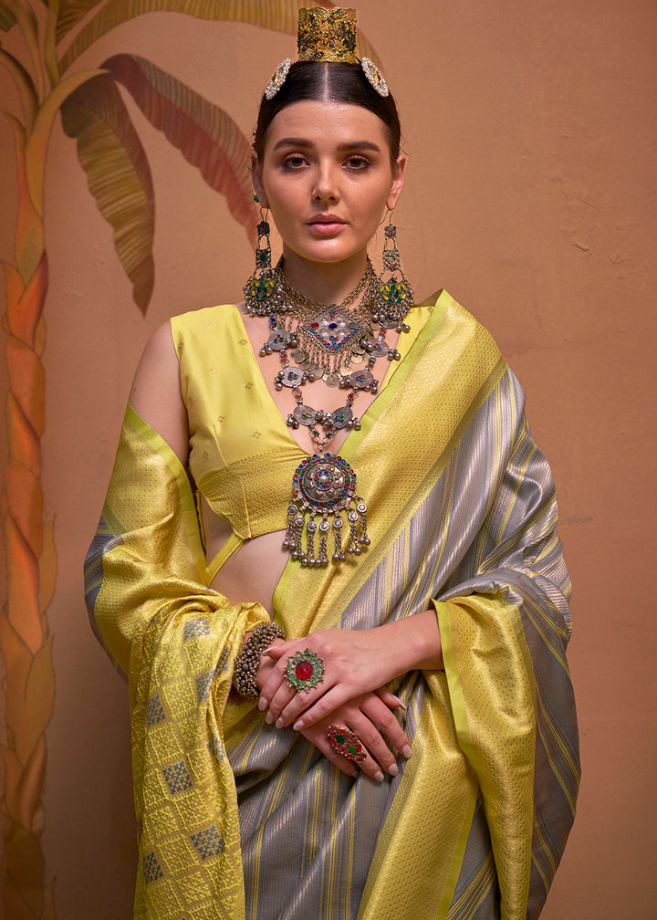 Grey & Yellow Handloom Zari Woven Silk Saree
