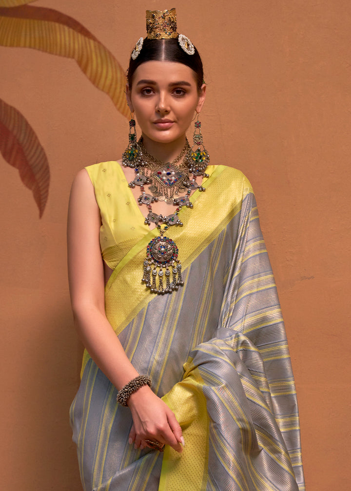 Grey & Yellow Handloom Zari Woven Silk Saree