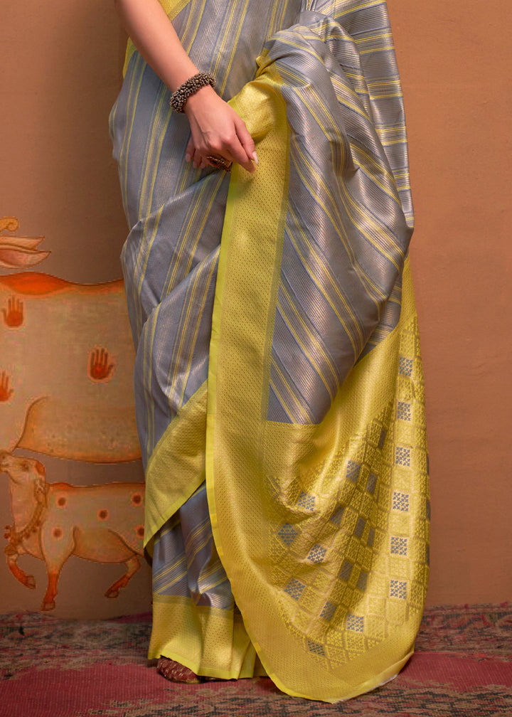 Grey & Yellow Handloom Zari Woven Silk Saree
