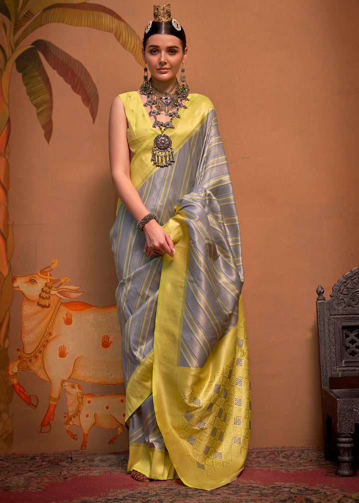 Grey & Yellow Handloom Zari Woven Silk Saree