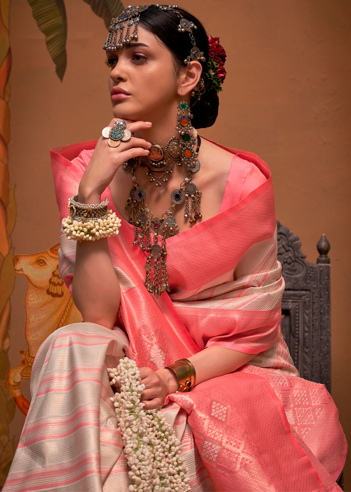 Pink & Grey Handloom Zari Woven Silk Saree