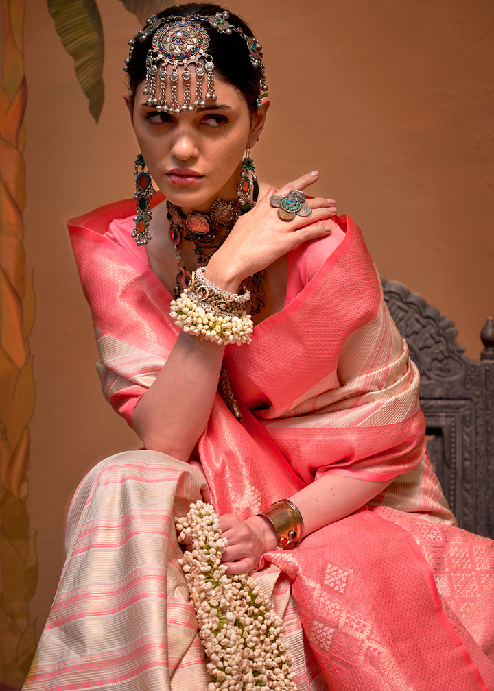 Pink & Grey Handloom Zari Woven Silk Saree