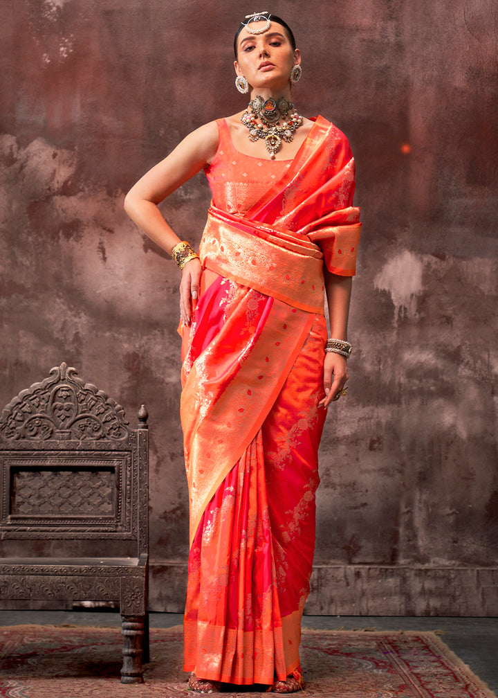 Orange & Red Rangkaat Handloom Woven Silk Saree