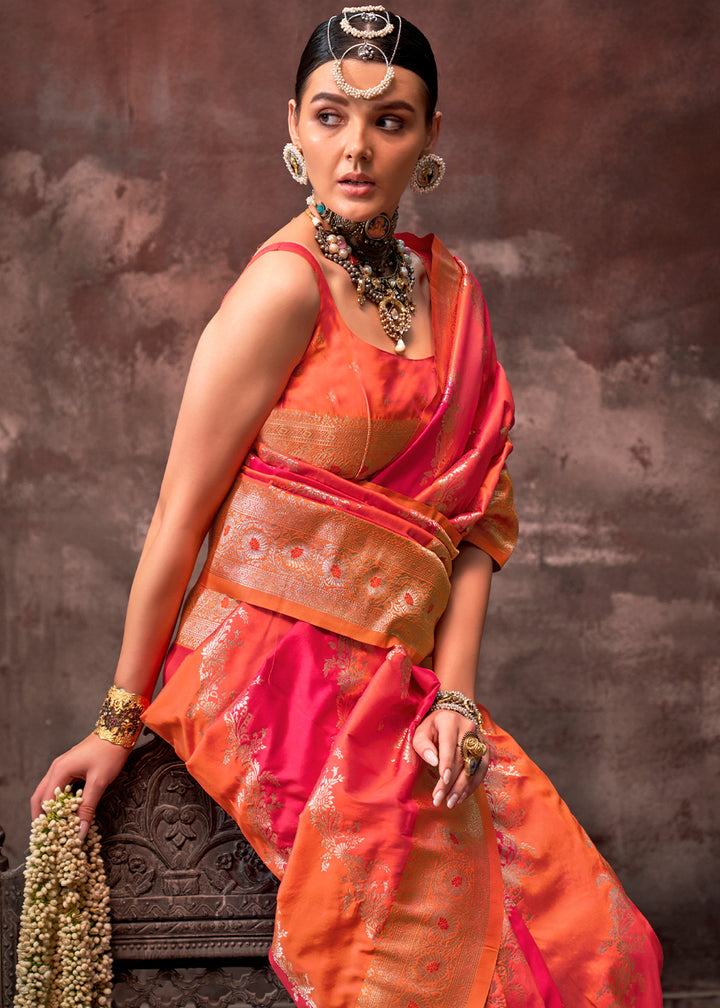 Orange & Red Rangkaat Handloom Woven Silk Saree