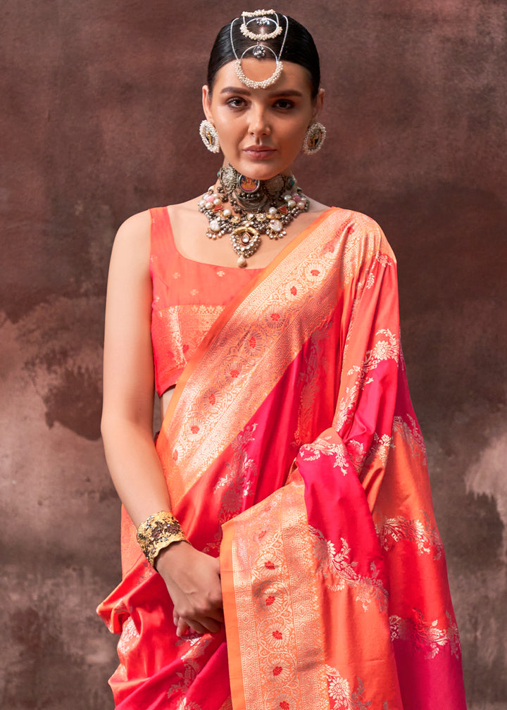 Orange & Red Rangkaat Handloom Woven Silk Saree
