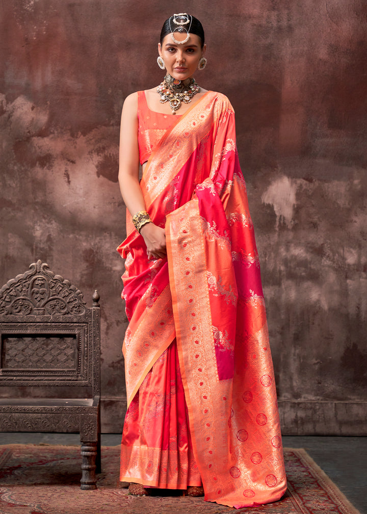 Orange & Red Rangkaat Handloom Woven Silk Saree