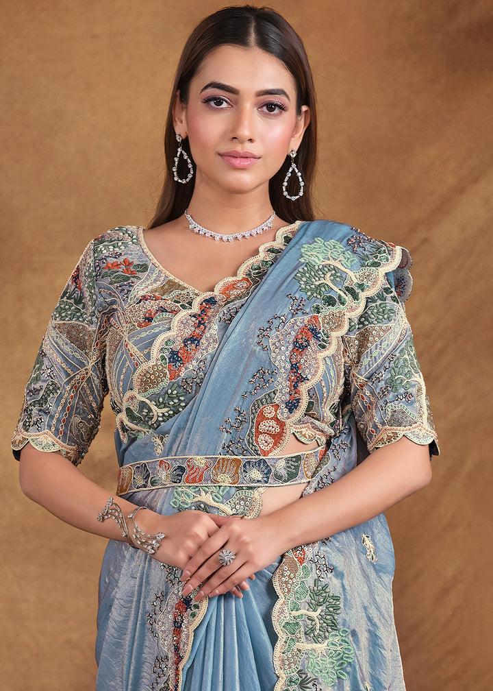 Light Blue Saree in Satin Silk with Handwork and Embellishments