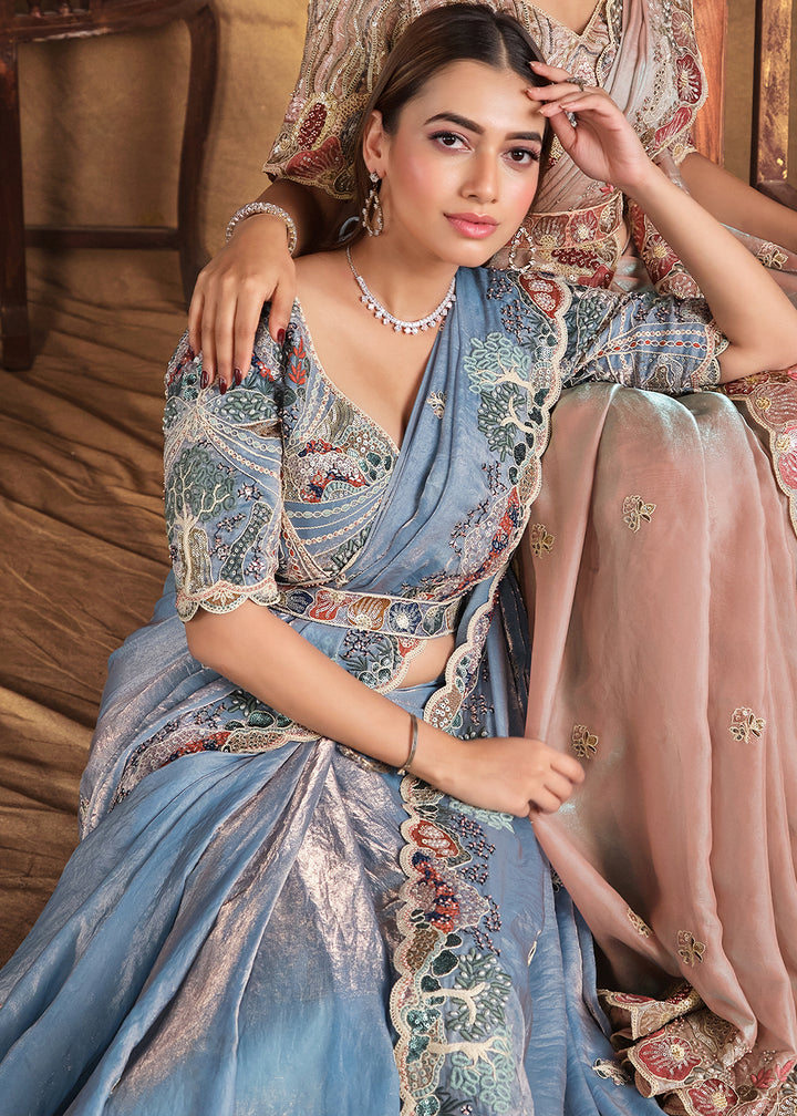 Light Blue Saree in Satin Silk with Handwork and Embellishments