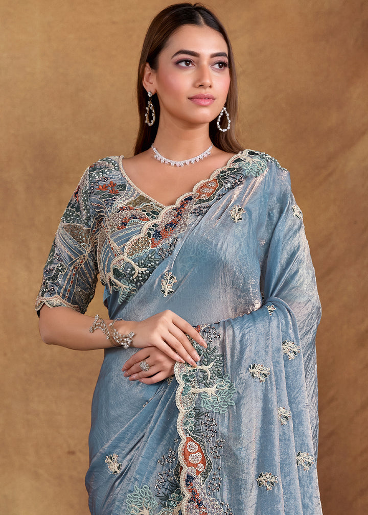 Light Blue Saree in Satin Silk with Handwork and Embellishments