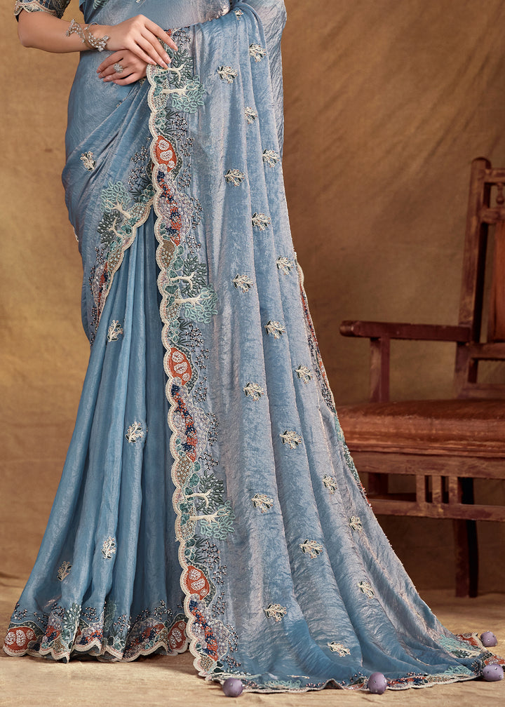 Light Blue Saree in Satin Silk with Handwork and Embellishments