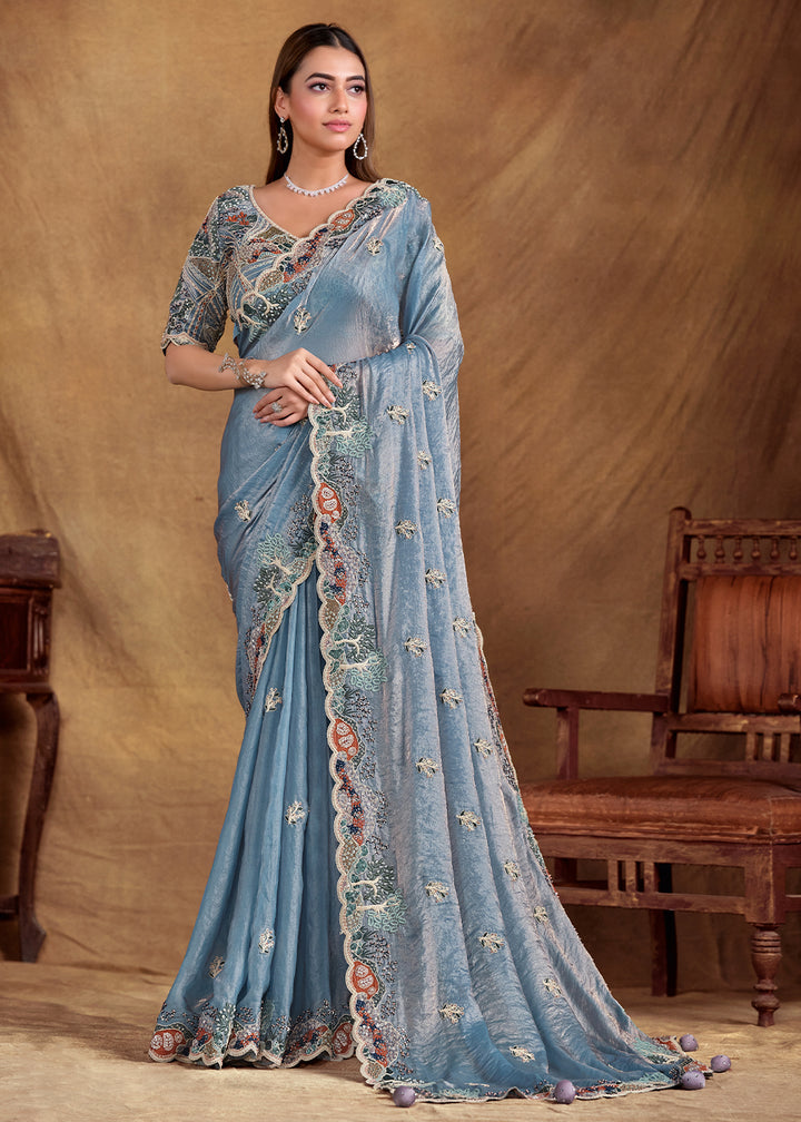 Light Blue Saree in Satin Silk with Handwork and Embellishments