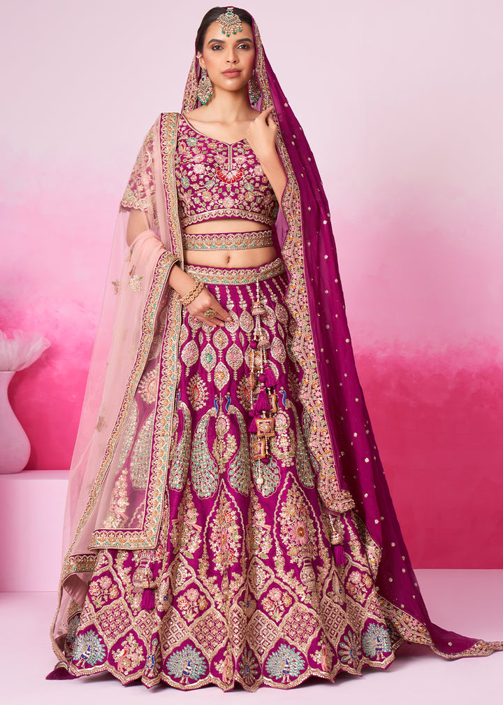 Magenta Purple Silk Lehenga Choli Adorned with Moti & Sequins Embroidery Work: Bridal Collection