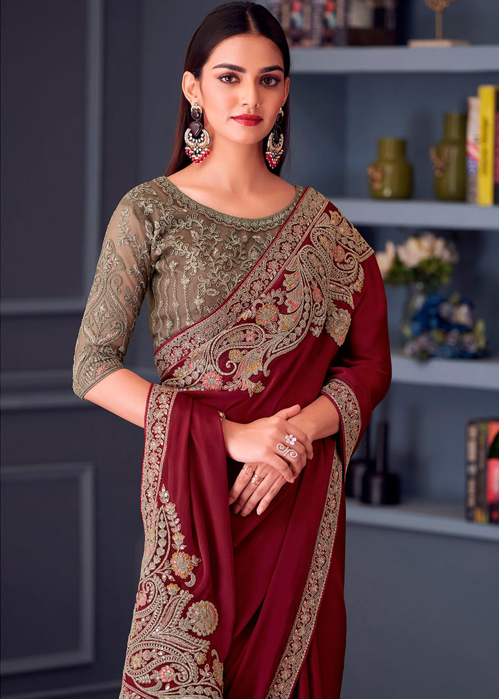 Maroon Red Satin Silk Saree with Rich Thread Embroidery & Embellishments