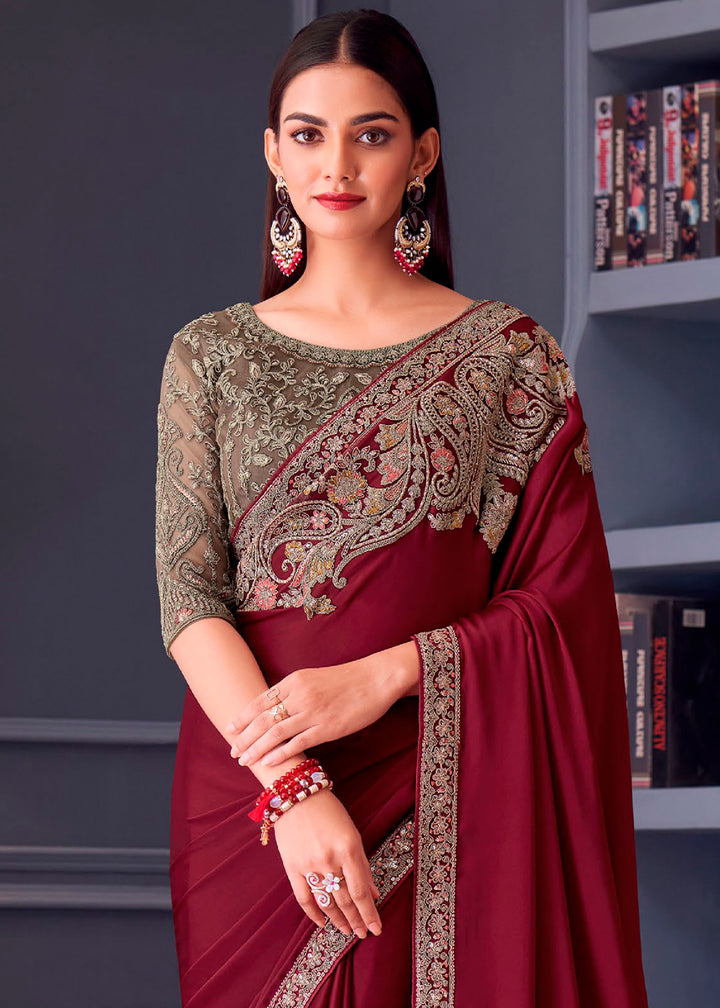 Maroon Red Satin Silk Saree with Rich Thread Embroidery & Embellishments