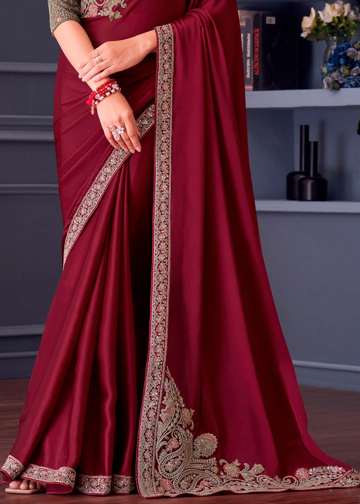 Maroon Red Satin Silk Saree with Rich Thread Embroidery & Embellishments