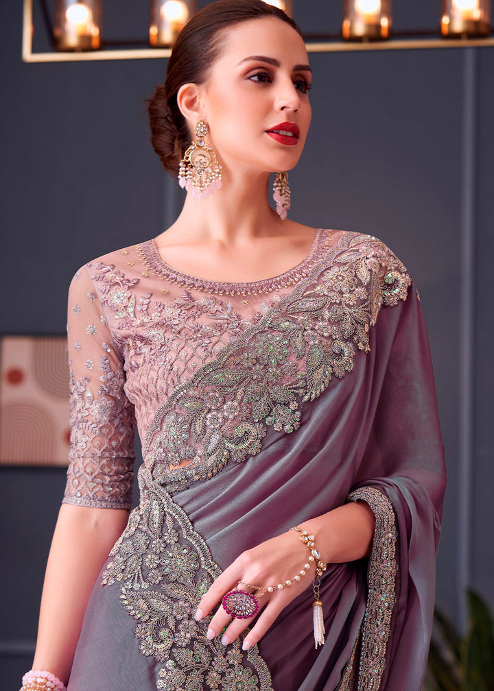 Wisteria Purple Chiffon Silk Saree with Rich Thread Embroidery & Embellishments
