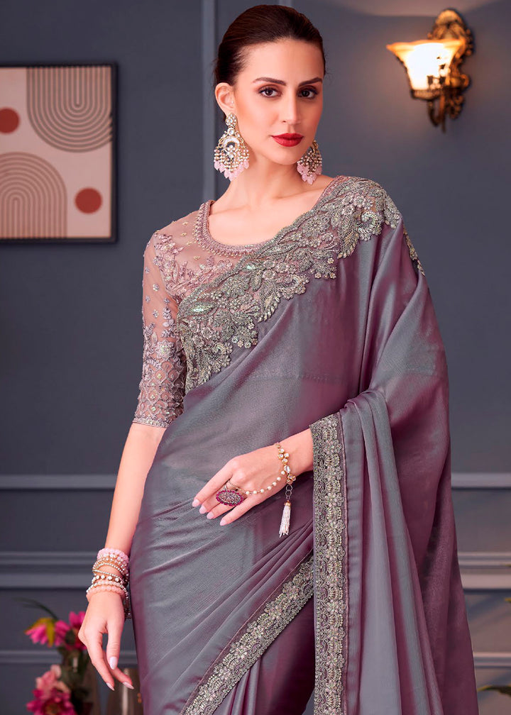 Wisteria Purple Chiffon Silk Saree with Rich Thread Embroidery & Embellishments