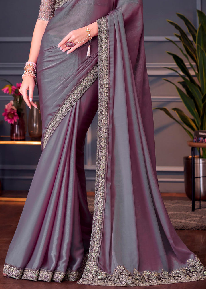 Wisteria Purple Chiffon Silk Saree with Rich Thread Embroidery & Embellishments