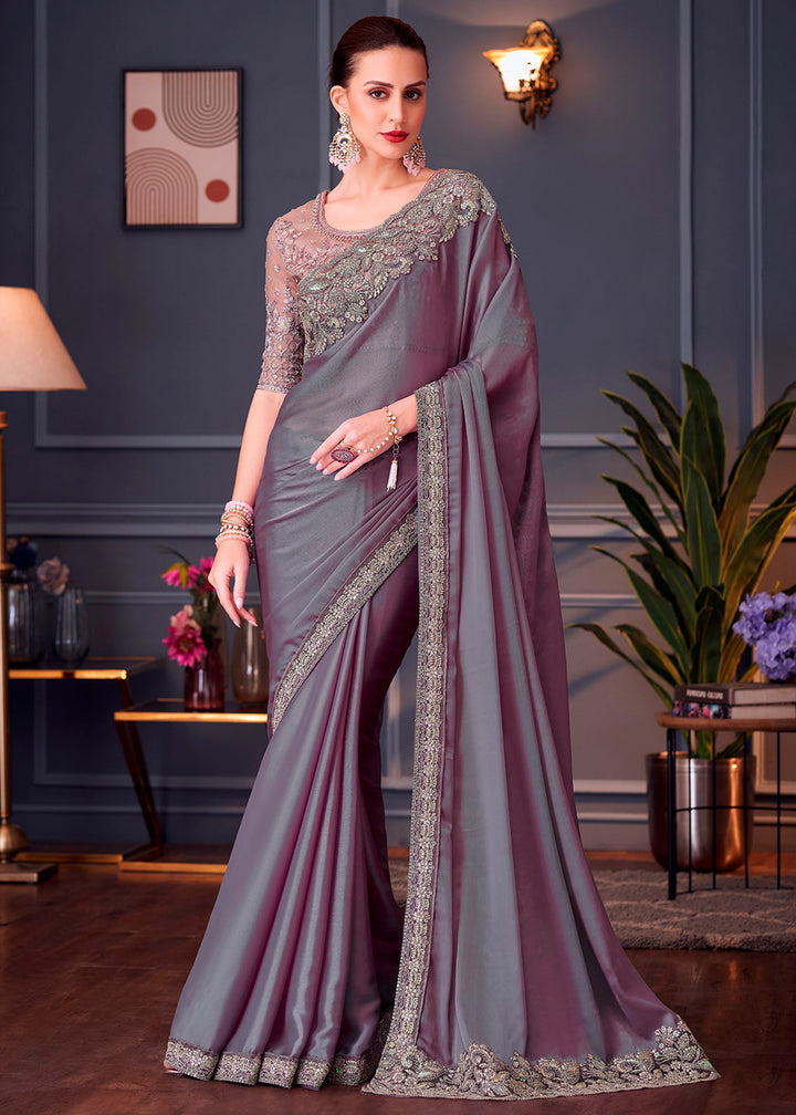 Wisteria Purple Chiffon Silk Saree with Rich Thread Embroidery & Embellishments