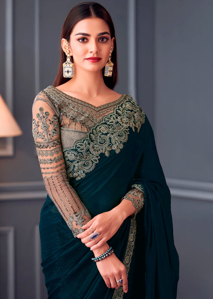 Yale Blue Shimmer Georgette Saree with Rich Thread Embroidery & Embellishments