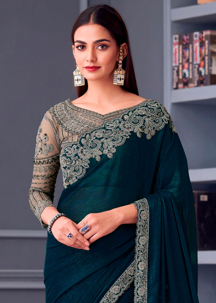 Yale Blue Shimmer Georgette Saree with Rich Thread Embroidery & Embellishments
