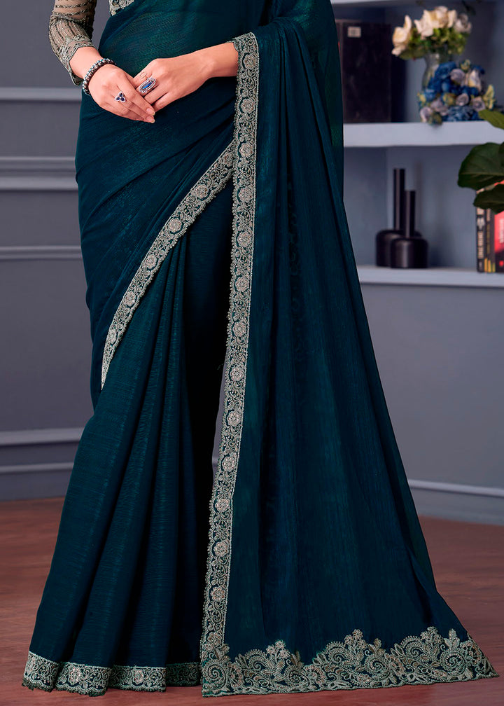 Yale Blue Shimmer Georgette Saree with Rich Thread Embroidery & Embellishments