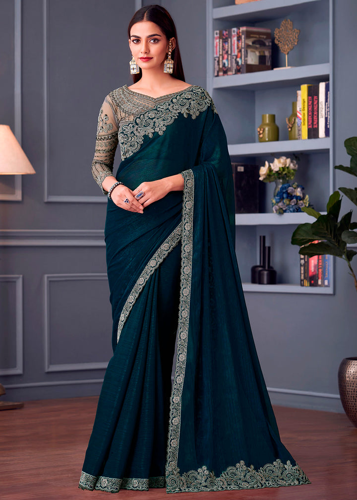 Yale Blue Shimmer Georgette Saree with Rich Thread Embroidery & Embellishments