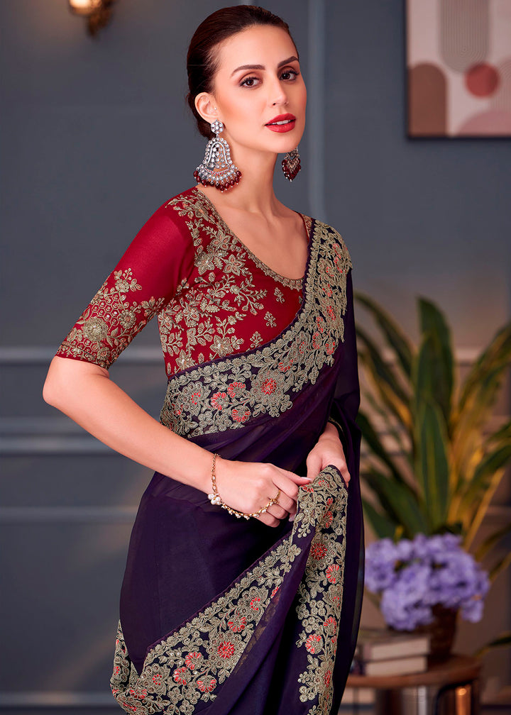 Deep Purple Georgette Saree with Rich Thread Embroidery & Embellishments