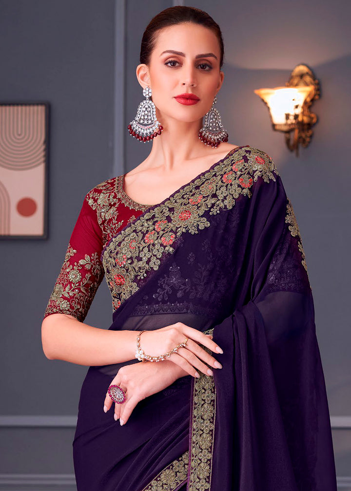Deep Purple Georgette Saree with Rich Thread Embroidery & Embellishments