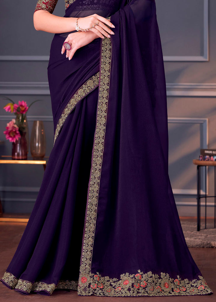 Deep Purple Georgette Saree with Rich Thread Embroidery & Embellishments