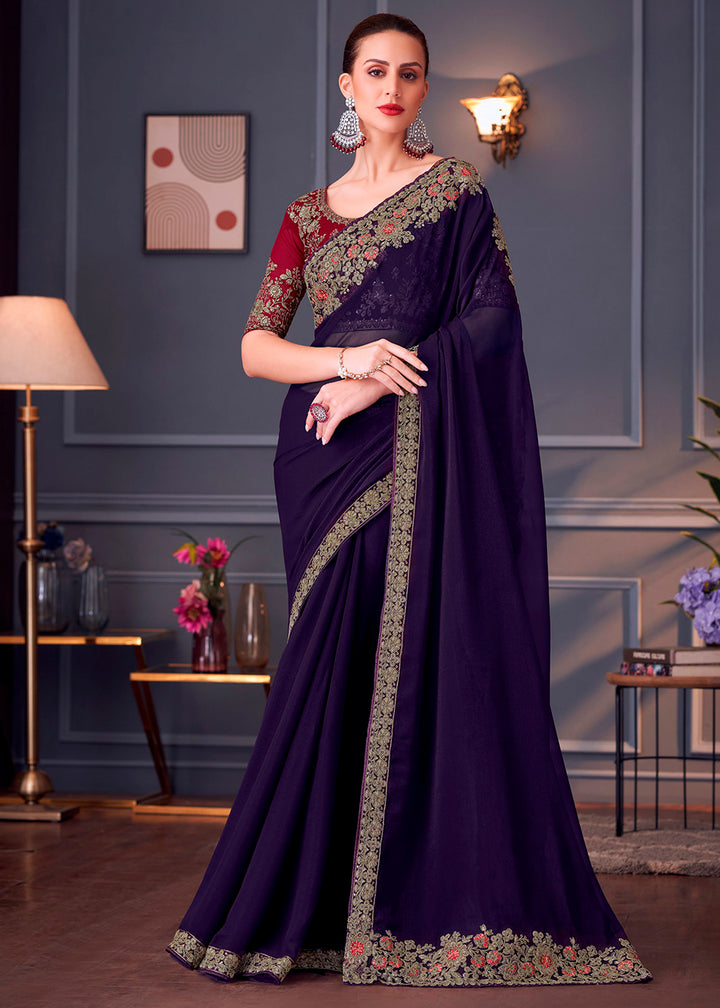 Deep Purple Georgette Saree with Rich Thread Embroidery & Embellishments