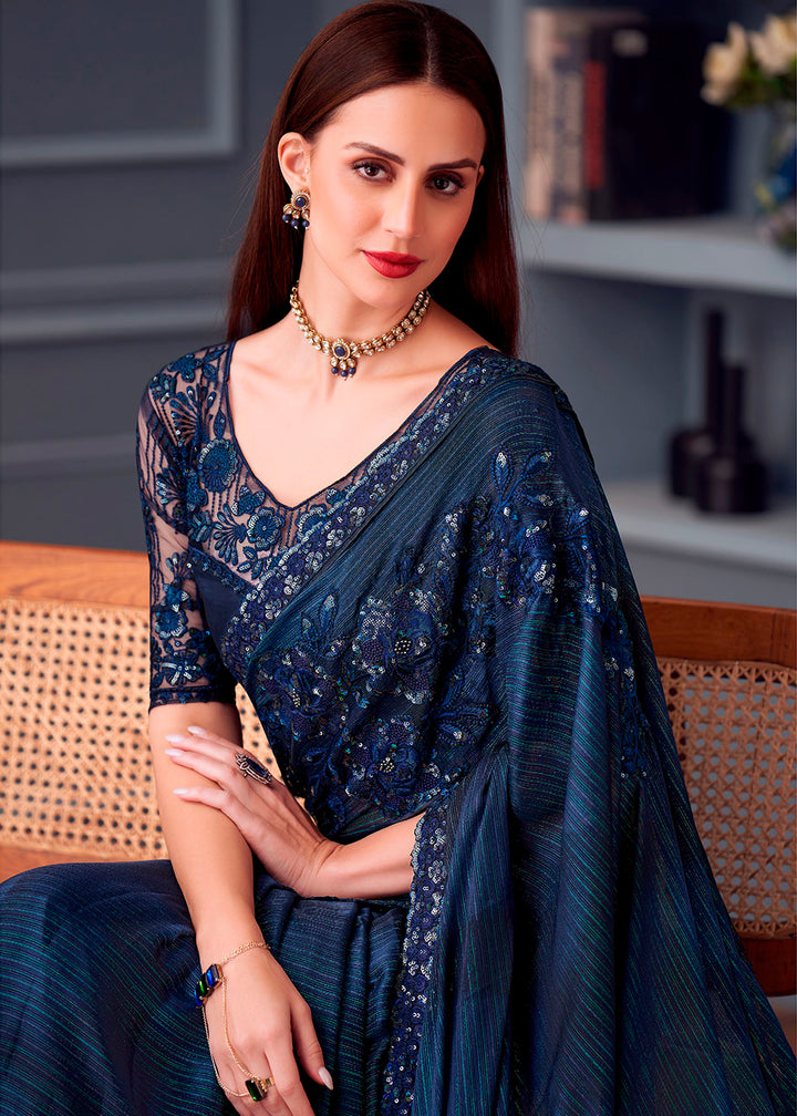 Denim Blue Silk Saree with Rich Thread Embroidery & Embellishments