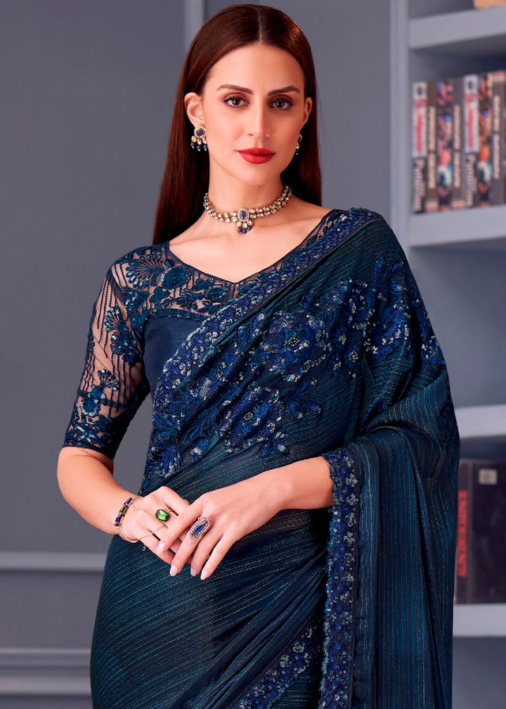 Denim Blue Silk Saree with Rich Thread Embroidery & Embellishments