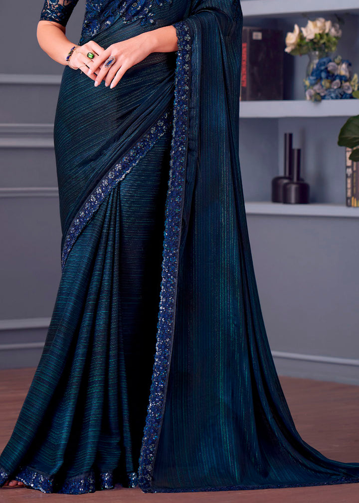 Denim Blue Silk Saree with Rich Thread Embroidery & Embellishments