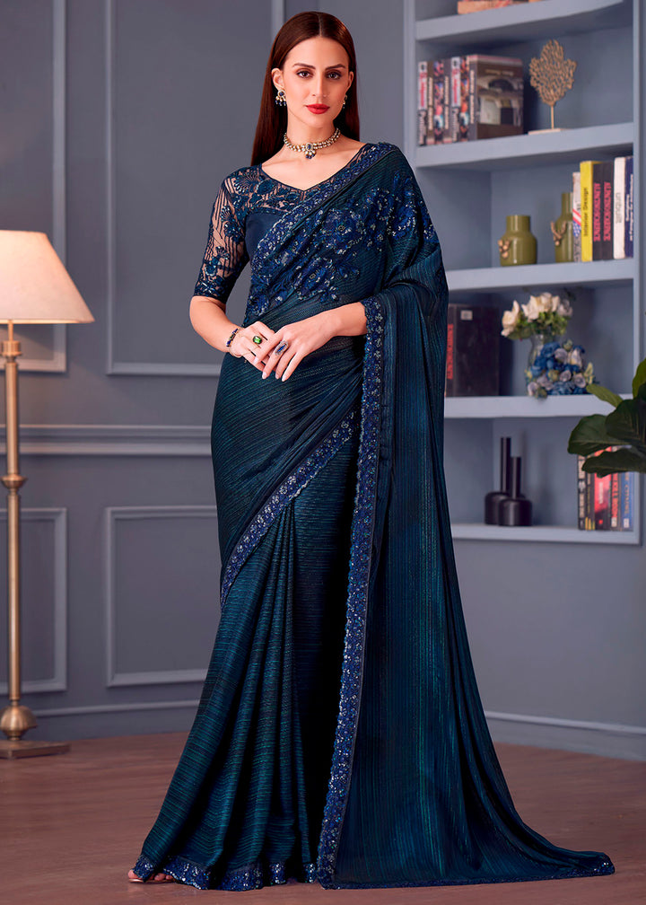 Denim Blue Silk Saree with Rich Thread Embroidery & Embellishments